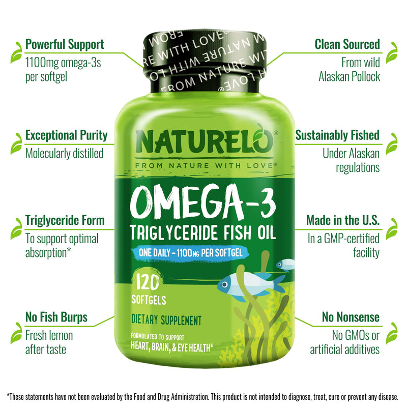 [Australia] - NATURELO Burpless Omega 3 Fish Oil Supplement - 1100mg Triglyceride Omega-3, EPA + DHA, Liquid Fish Oil Omega 3 for Heart, Eye, Brain, Joint Health - 120 Softgels, 4 Months Supply Omega 3 Softgels 120 Count (Pack of 1) 