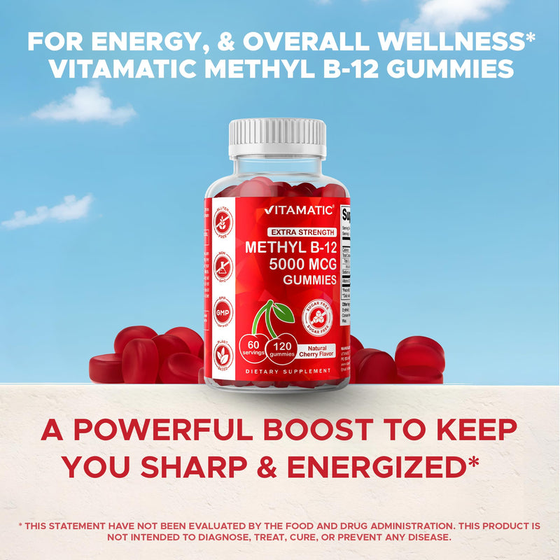 Vitamatic Extra Strength Vitamin B12 5000 mcg (Methylcobalamin) Gummies – 120 Count – Natural Cherry Flavor – Energy & Nervous System Support