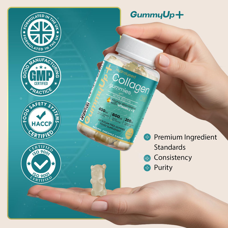 Hydrolysed Collagen Gummies with Biotin + Oral Hyaluronic Acid | Highly Absorbable with Vitamin C+E | 60 Sugar Free Natural Pineapple Flavoured Gummies