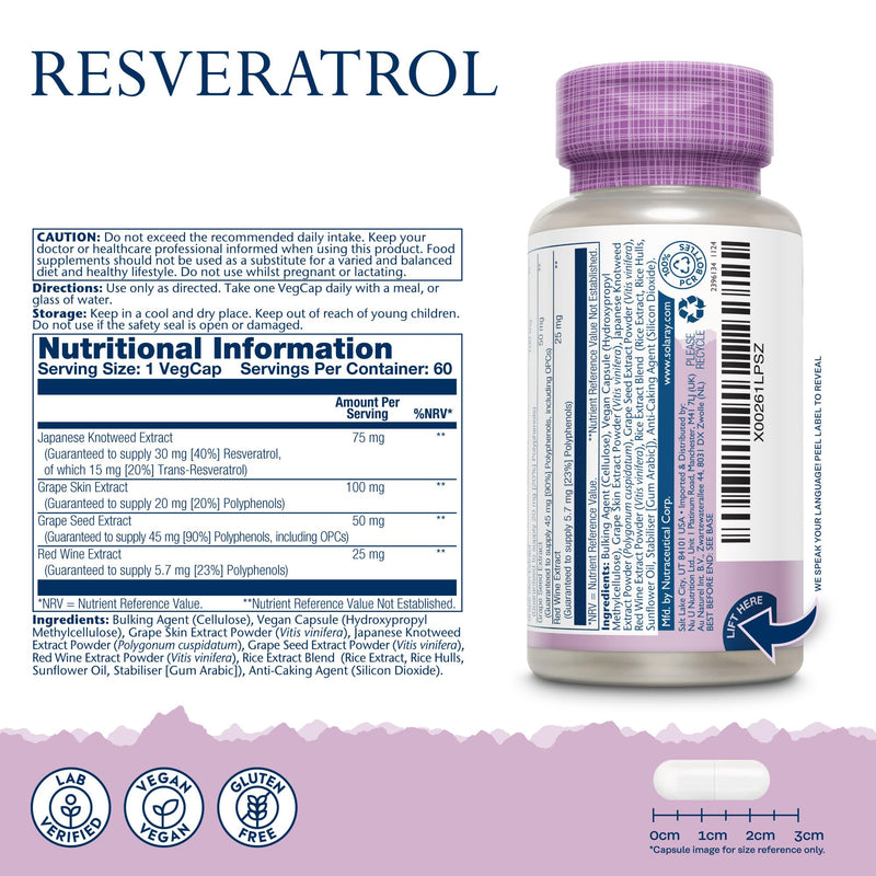 Solaray Resveratrol Complex - 60 Vegan Capsules - Polyphenol Rich Multi-Source Formula with Japanese Knotweed, Grape Seed & Red Wine Extracts - Lab Verified