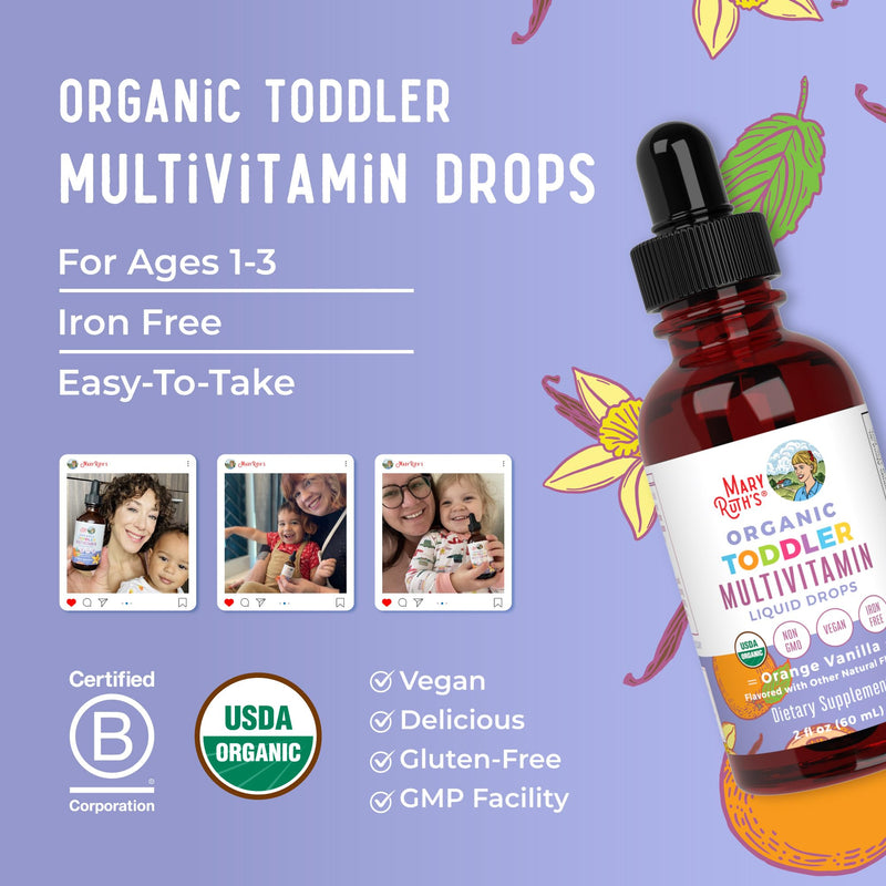 MaryRuth's Organic Toddler Multivitamin Drops,Vegan,Sugar Free,30 Servings | Vitamin A C D E B6 B12 Zinc, Healthy Growth Support, Immunity & Bone Health & Cognitive Function Toddler Multi