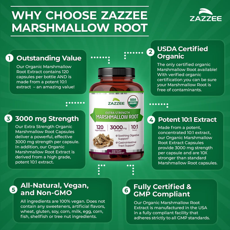 [Australia] - Zazzee USDA Organic Marshmallow Root 10:1 Extract, 3000 mg Strength, 120 Vegan Capsules, 4 Month Supply, Standardized, Concentrated 10X Extract, 100% Vegetarian, All-Natural, Non-GMO, Made in The USA 