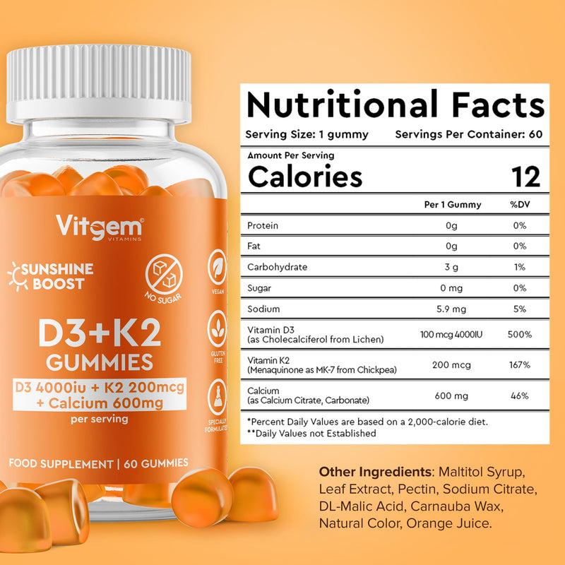 60 Gummies - Vitamin D3 4000 IU + K2 100 µg - Orange Flavored Gummy for Immune and Bone Health Support - High Strength Sunshine Vitamin D Supplement - Vegan, Gluten Free & Sugar Free 60 count (Pack of 1)