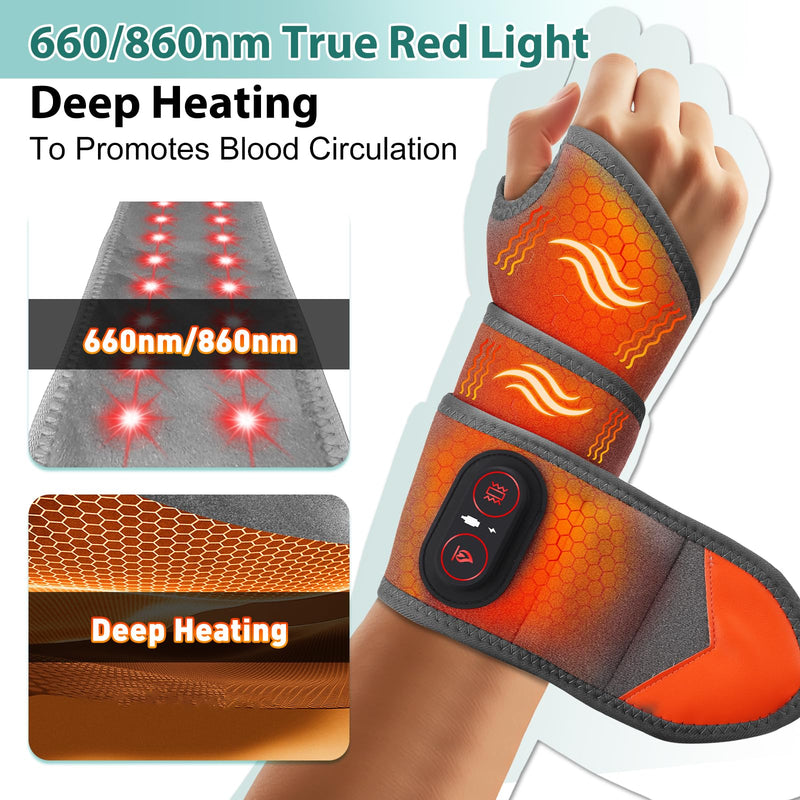 Cordless Wrist Heating Pad with Massage, Red Light Heated Wrist Brace for Pain Relief, Rechargeable Heated Wrist Brace for Carpal Tunnel, Women and Men Wrist, Hand, Arm, Ankle