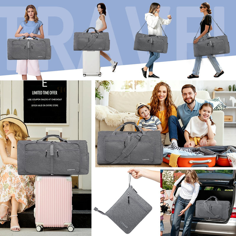 65L Foldable Duffle Bag with Shoe Compartment - Large Travel Duffel Bag for Men & Women, Packable Weekend Bag with Trolley Sleeve, Water-Resistant & Lightweight Gym Bag for Travel, Sports（Grey） Grey