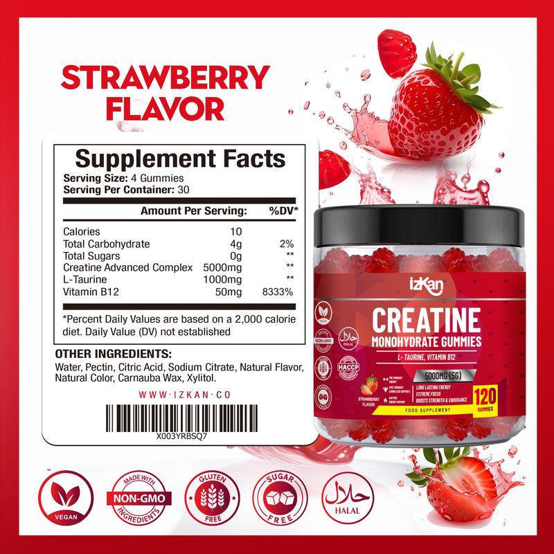 Creatine Gummies 5000mg (5G) for Men & Women - 120 Chewable Creatine Monohydrate Gummies Strawberry Flavoured | Pre Workout Gym Supplement| Muscle Boost| 4 Per Day - Vegan & Halal (1X) 1x 120 count (Pack of 1)