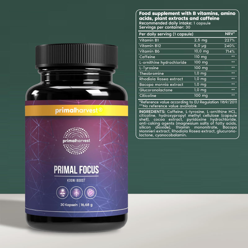Primal Harvest Kogni Boost (Pack of 30) - Concentration Tablets for Mental Performance - for Normal Psychological Function and Reduction of Fatigue - with L Tyrosine and Cognizine… 30 count (Pack of 1)