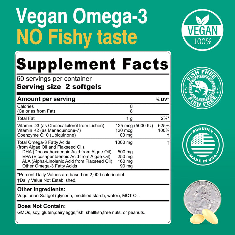 [Australia] - 2 Pack Vegan Omega 3 D3 K2 CoQ10 Supplement, Plant Based DHA EPA ALA for Women Men, Omega 3 Organic Algae Flaxseed Oil Supplement for Bone, Brain, Eye & Immune Support, No Carrageenan, 240 Softgels 120 Count (Pack of 2) 