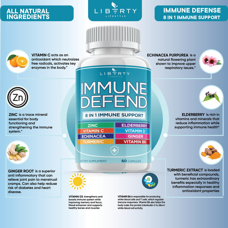 [Australia] - 8 in 1 Immune Defense Support, Immunity Capsules Supplement Booster with Echinacea Zinc 50mg, Vitamin C, D3 5000 IU, Turmeric Curcumin & Ginger, Echinacea - Allergy Relief for Kids Adults (1 Pack) 60 Count 