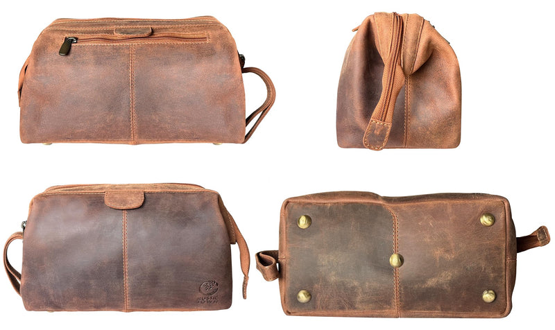 Leather Toiletry Bag for Men - Full Grain Travel Dopp Kit & Shaving Bag | Single Compartment, Back Zip Pocket, Waterproof Lining; Shaving & Cologne Organizer; TSA Carry-On; Gift for Men & Women Brown (Without Bottom Compartment)