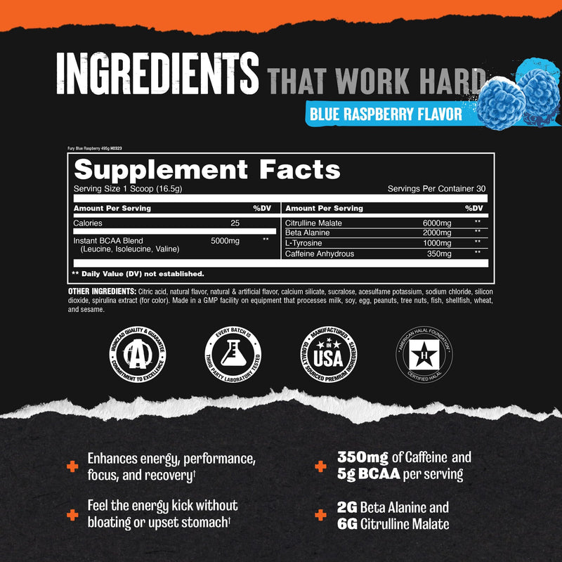 ANIMAL Fury Pre Workout Blue Raspberry – Training Booster with BCAA, beta-Alanine, citrulline & 350 mg Caffeine – Sugar-Free pre-Workout Powder – for Focus, Pump & Energy – 30 Servings