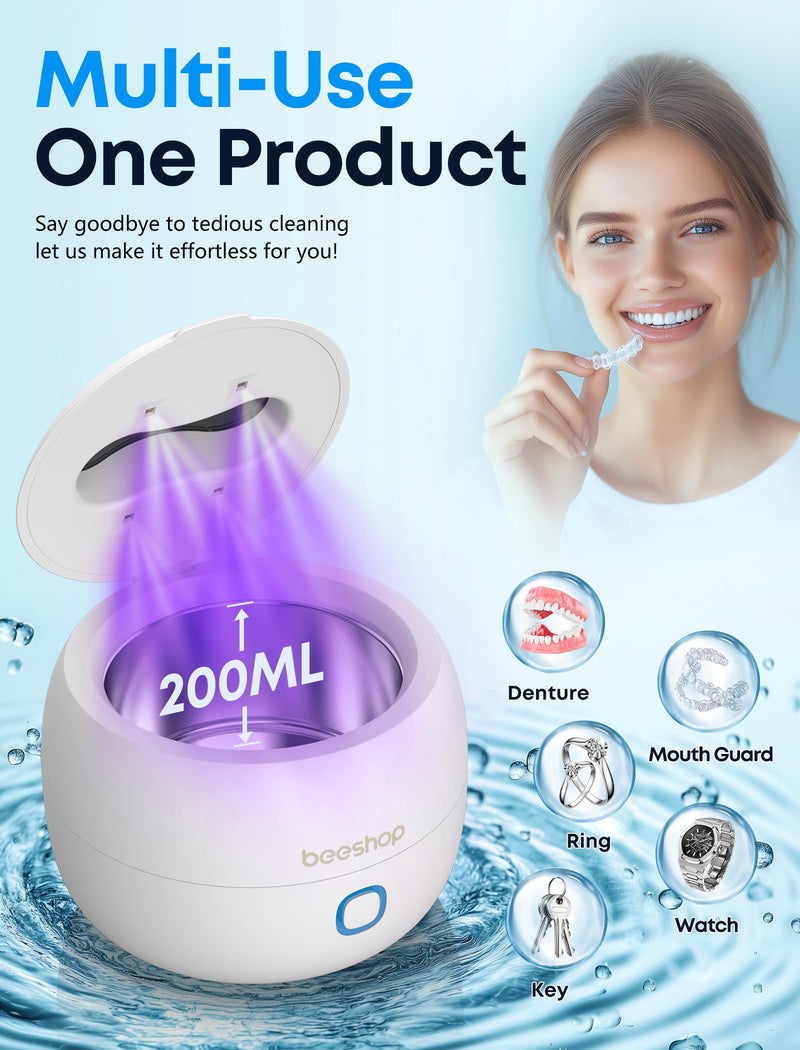 [Australia] - BEESHOP 2025 Ultrasonic Retainer Cleaner Machine – 45kHz Dental Pod for Retainers, Mouth Guards, Braces, Aligners & Jewelry, Denture Cleaner with 3 Modes, 200ml Capacity (White) White 