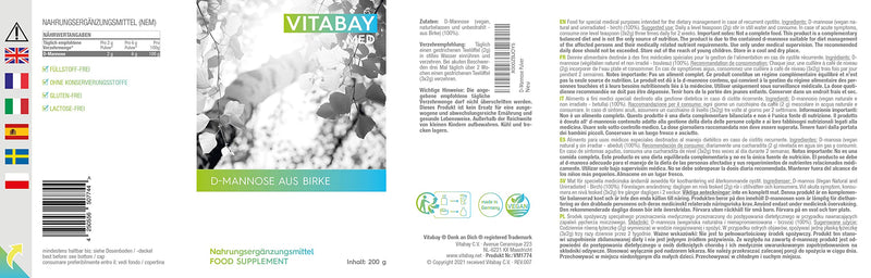 Vitabay D-Mannose Powder from Birch – 200 g – 100% Pure Powder No Additives – Natural Birch Extract – Vegan & Lab Tested in Germany – Approx. 3 Month Supply