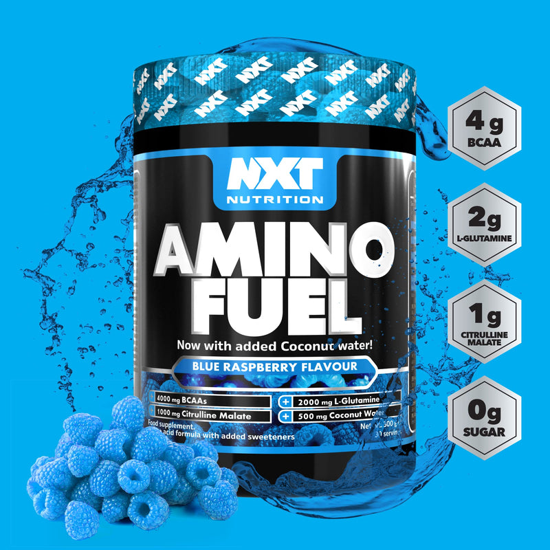 NXT Nutrition Amino Fuel Energy Drink | BCAAs Amino Acids with Beta Alanine, Vitamin D3 and Citrulline Malate – for Performance, Endurance and Energy Support | (Blue Raspberry)