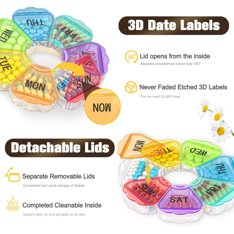 Enlarged Weekly Pill Organizer 7 Day, Daily Pill Box with Never Faded Etched 3D Date Labels, Travel Pill Case with Large Compartment for Medication, Vitamin, Fish Oil, Supplements(Rainbow) Rainbow