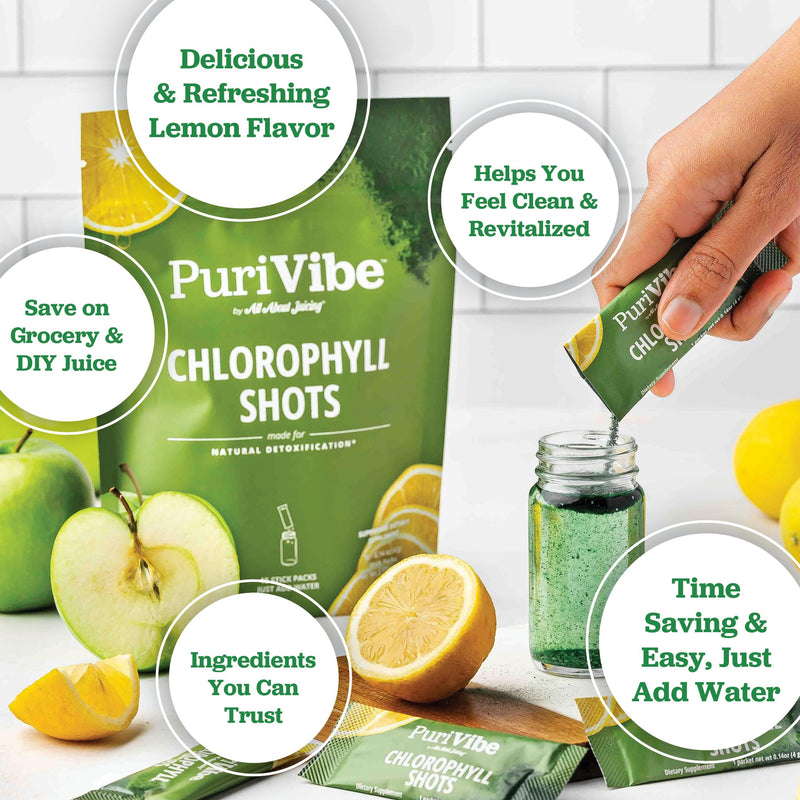 [Australia] - All About Juicing Chlorophyll Green Juice Shots - Clean Energy, Detox, Alkalize - 15 Stick Packs - Superfood Juice Powder - PuriVibe Chlorophyll Shots 15 Pack 