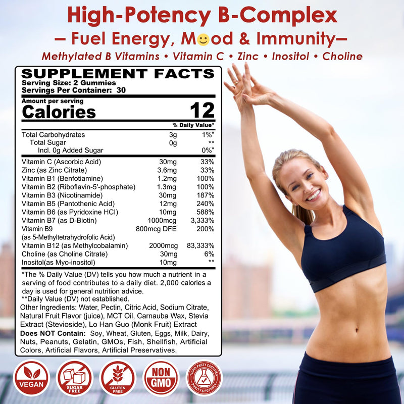 Methylated Vitamin B Complex Gummies B12 Folate Biotin +Vitamin C Zinc 60Ct | Methyl B12 & Active Folate, Full B Complex + Biotin Choline Inositol, Vitamin C + Zinc, Energy Mood Immune Hair Skin & Brain 60 Count (Pack of 1)