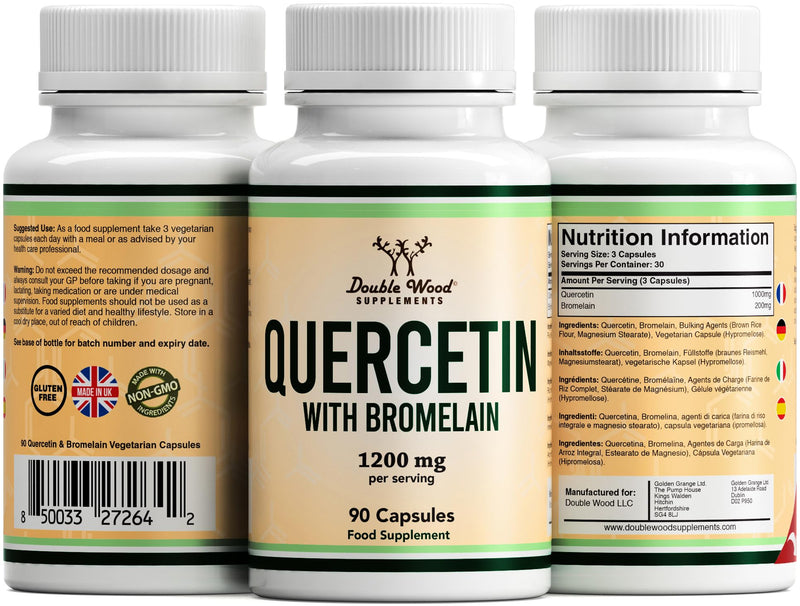 Double Wood Quercetin 1000mg with Bromelain 200mg – 90 Vegan Capsules (30 Day Supply) – Immune Support, Antioxidant, Respiratory, Mucus & Allergy Relief – Non-GMO, UK Made 90 count (Pack of 1)