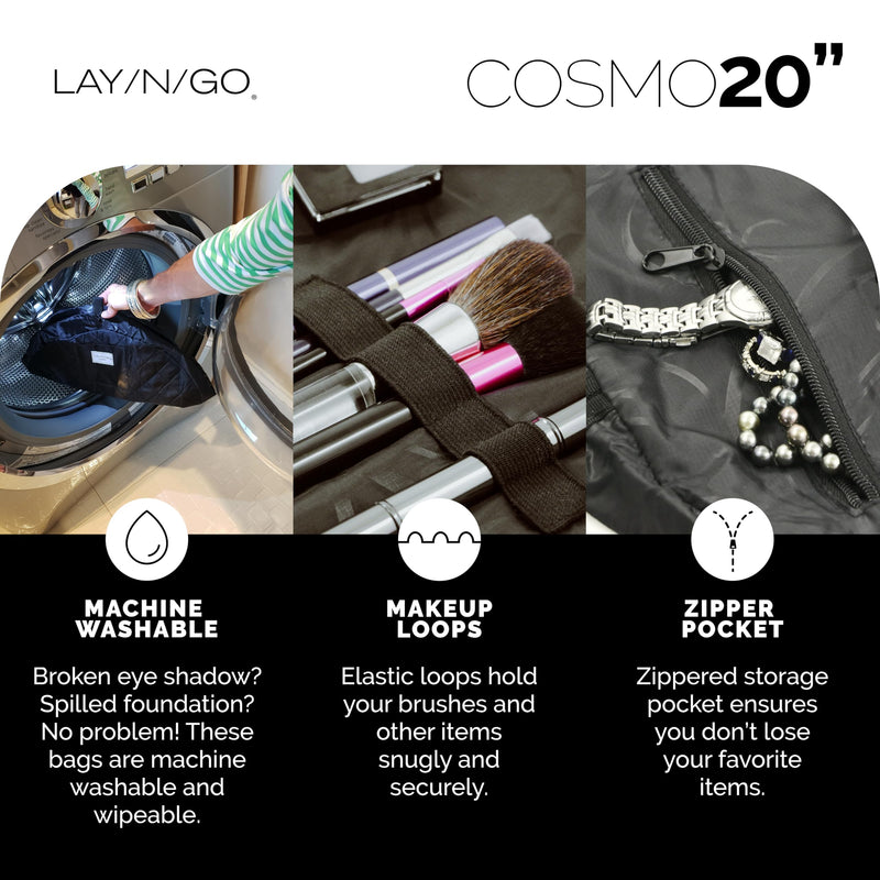 Lay-n-Go Cosmo Drawstring Cosmetic Pouch 20" Makeup Bag Organizer & Nail Spa 18" Acrylic Nail Polish Holder Toiletry Bag for Travel, Gift Bundle, Black & Red