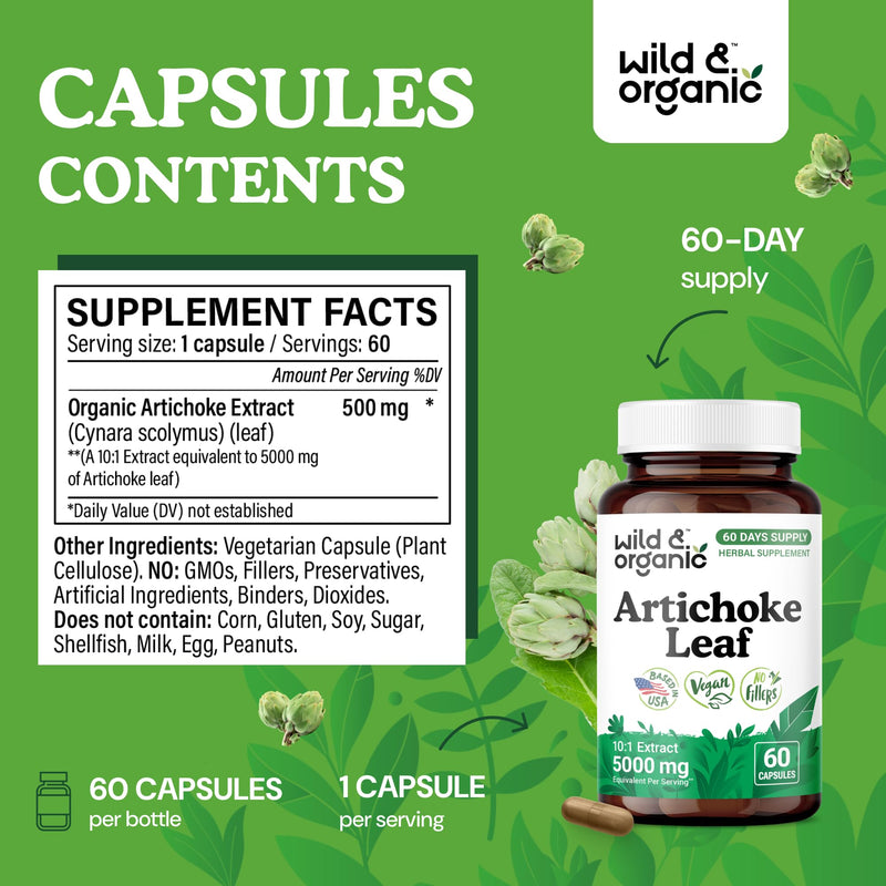 [Australia] - Wild & Organic Artichoke Extract Capsules 500 mg - Liver & Digestive Support - Artichoke Leaf Extract Supplement - Cynara Scolymus Leaf Powder - Vegan, No Fillers, Non-GMO - 60 Count 
