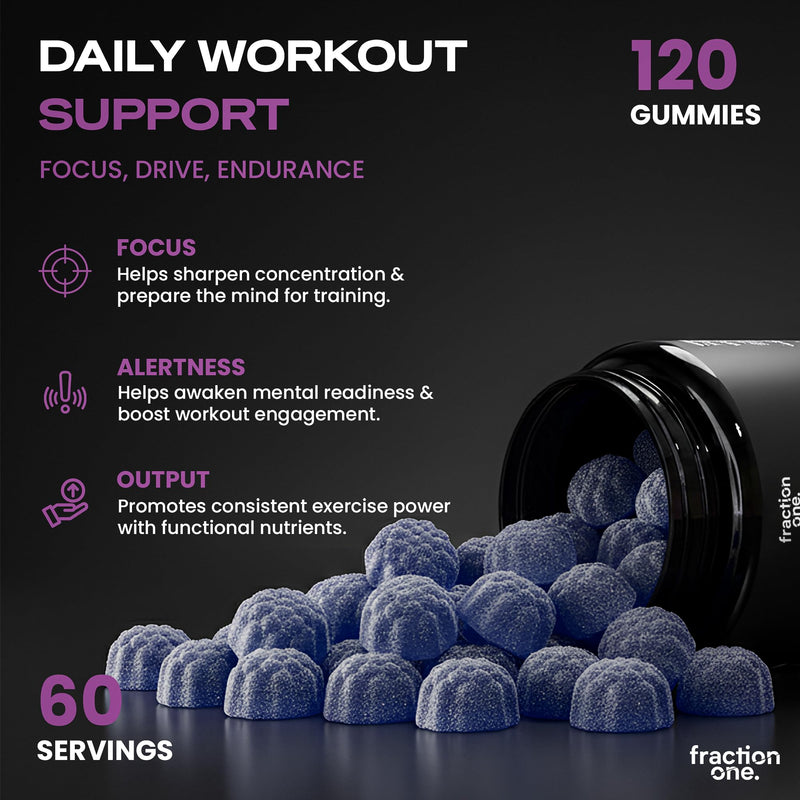 Fraction One Pre Workout Gummies - 120 Gummies - Energy Focus Support Complex With Guarana, L Theanine, L Citrulline, Vitamins B6, B12 & Niacin Performance & Endurance - Berry - Vegan - 60 Days Supply