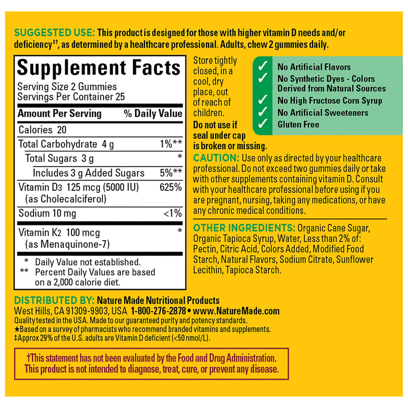 [Australia] - Nature Made Vitamin D3 K2 Gummies, Vitamin D 5000 IU Per Serving for Bone, Teeth, Muscle and Immune Support, 50 Gummy Vitamins, 25 Day Supply 