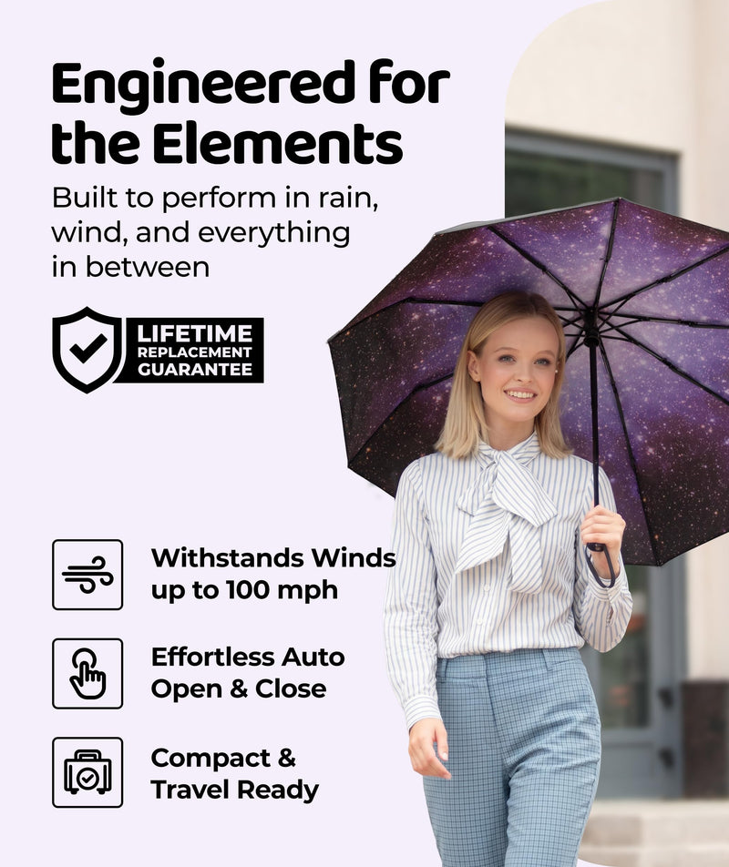 Windproof Travel Umbrella - Compact & Withstands Winds up to 100MPH, Strongest Premium Auto Folding Umbrella for Rain and Sun - Durable, Light & Portable for Women & Men, Fits Backpack & Cars Starry Night Standard