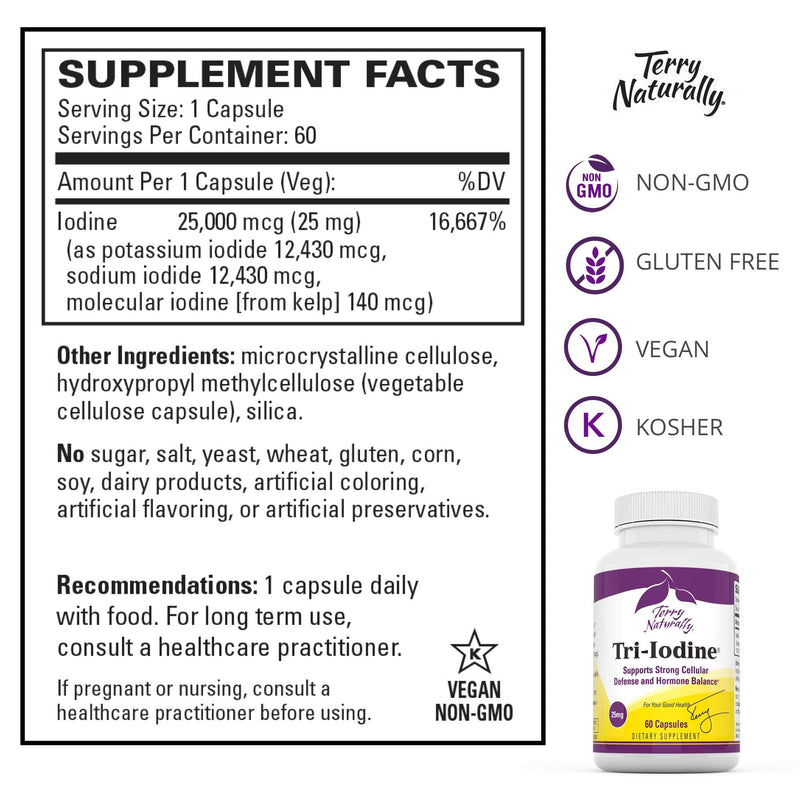 [Australia] - Terry Naturally Tri-Iodine 25 mg - 25000 mcg Iodine, 60 Vegan Capsules - Supports Hormone Balance, Promotes Breast & Prostate Health - Non-GMO, Gluten-Free, Kosher - 60 Servings 