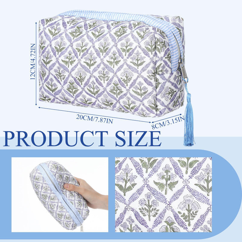 Kacctyen 12 Pcs Block Print Makeup Bags Cotton Quilted Blue Toiletry Makeup Bag with Tassel Flower Pouch Emergency Travel Toiletry Bridesmaid Engagement Bridal Shower Gift for Women (Pink Ditsy) 6 Pink Ditsy