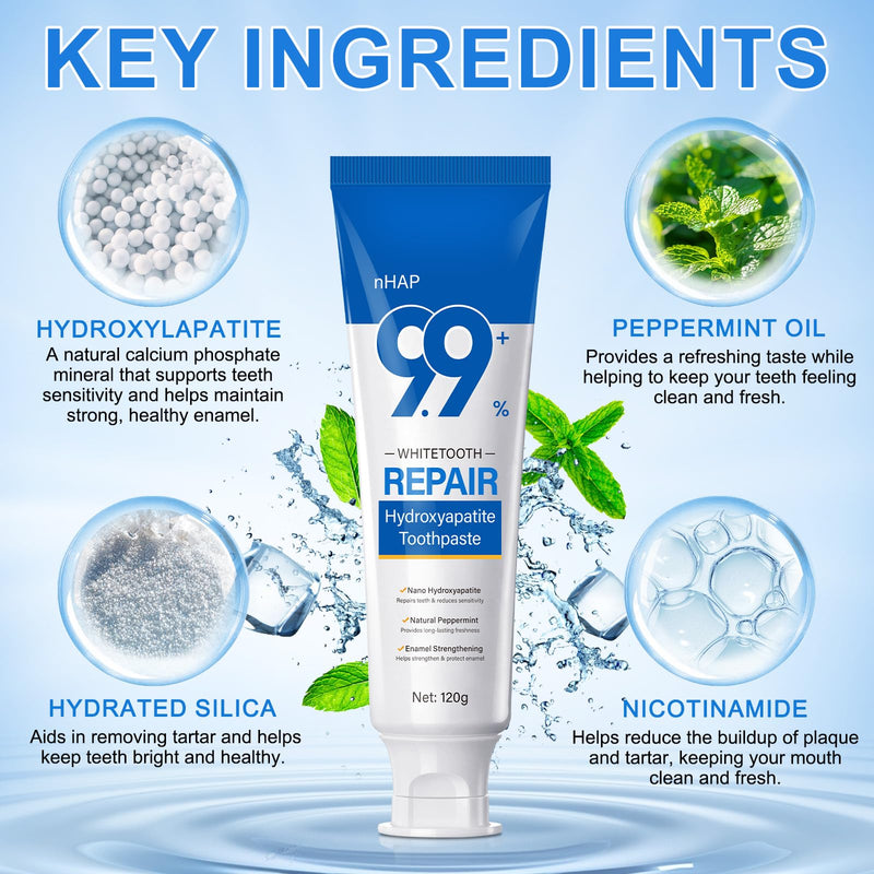 9.9% Hydroxyapatite Toothpaste, (2PCS) Nano Hydroxyapatite Toothpaste for Enamel Protection and Tooth Strengthening, Gentle Mint, Fresh Breath, Daily Use for Oral Health 4.23 Ounce (Pack of 2)