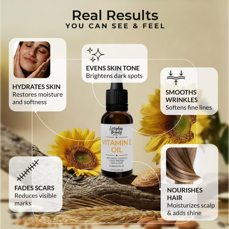 Vitamin E Oil - Botanical Complex – D-Alpha Tocopherol with Wheat Germ, Sweet Almond & Sunflower Oils for Skin & Hair – Cold Pressed Beauty Oil - 1 Fl Oz