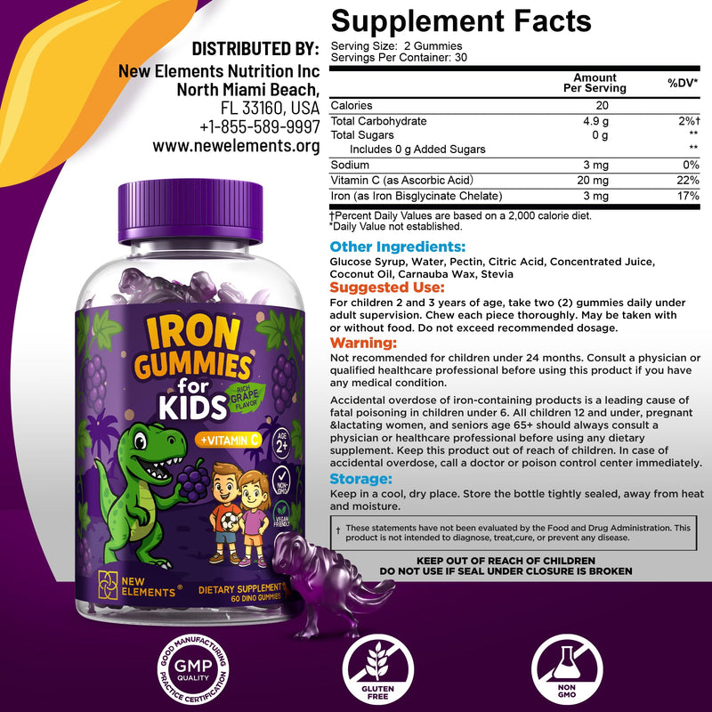 [Australia] - Iron Dinosaur Gummies for Kids with Vitamin C | Sugar-Free, Vegan, Gluten-Free & Non-GMO | Anemia Relief, Energy & Blood Health Support | Grape Flavor, Pectin-Based for Optimal Health 60 Count (Pack of 1) 