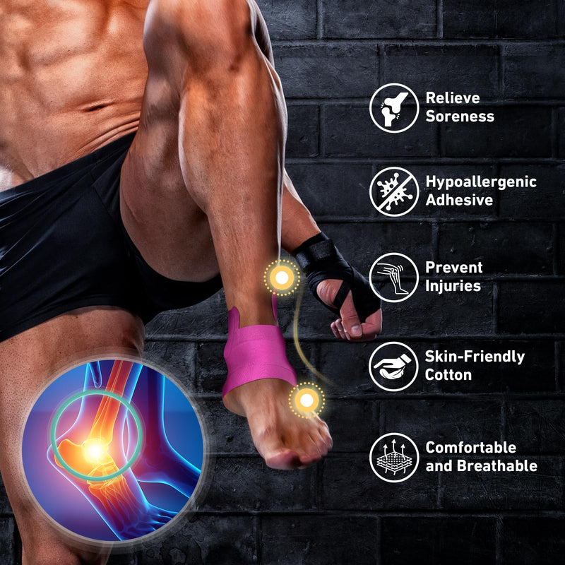 Kinesiology Tape for Ankle, KTQUICK 12 Count Ankle Tape Precut, Original Cotton Waterproof & Breathable, Enhance Elastic Kinesiology Athletic Tape for Ankle Support and Muscle to More Sports (Pink) Pink
