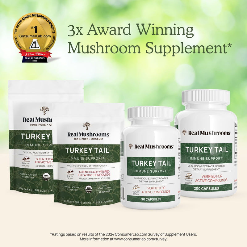 [Australia] - Real Mushrooms Turkey Tail Capsules ‚Äì Organic Mushroom Extract for Wellness & Daily Rhythm ‚Äì Vegan, Non-GMO, No Fillers Turkey Tail Extract ‚Äì 90 Count Mushroom Supplement Capsule 90 Count (Pack of 1) 
