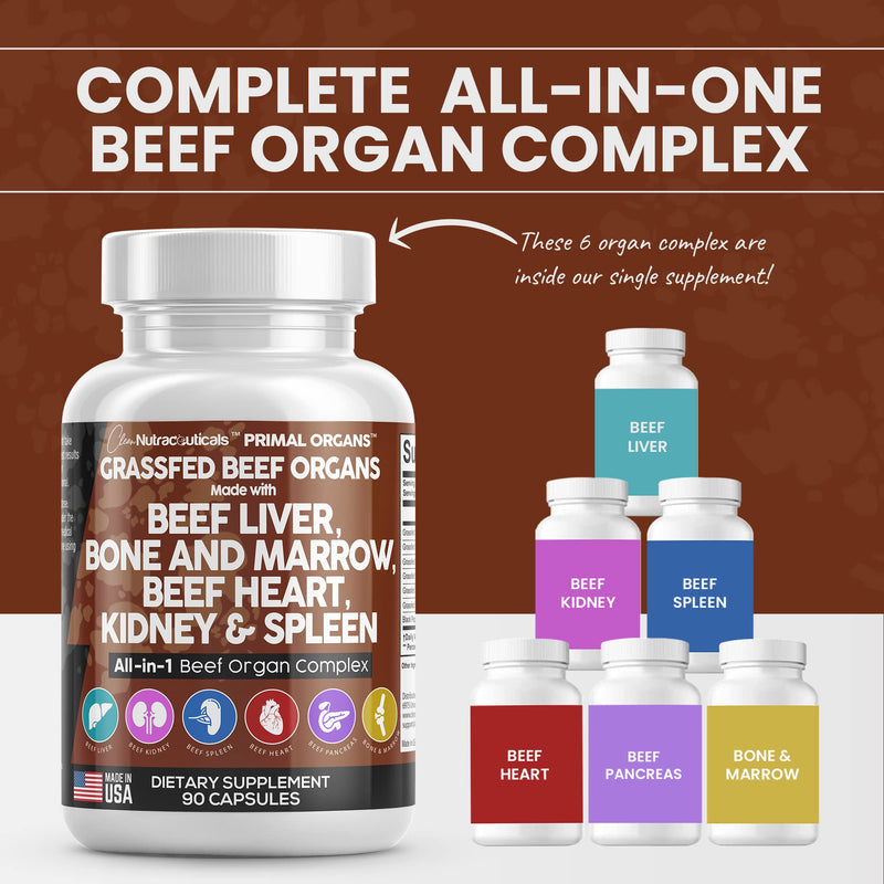 [Australia] - Clean Nutraceuticals Grass Fed Beef Liver Capsules 3000mg - Premium Quality Supplement Packed with Desiccated, Beef Heart, Beef Spleen, Beef Pancreas Plus Bone & Marrow Dao Enzyme Pills - USA Made 