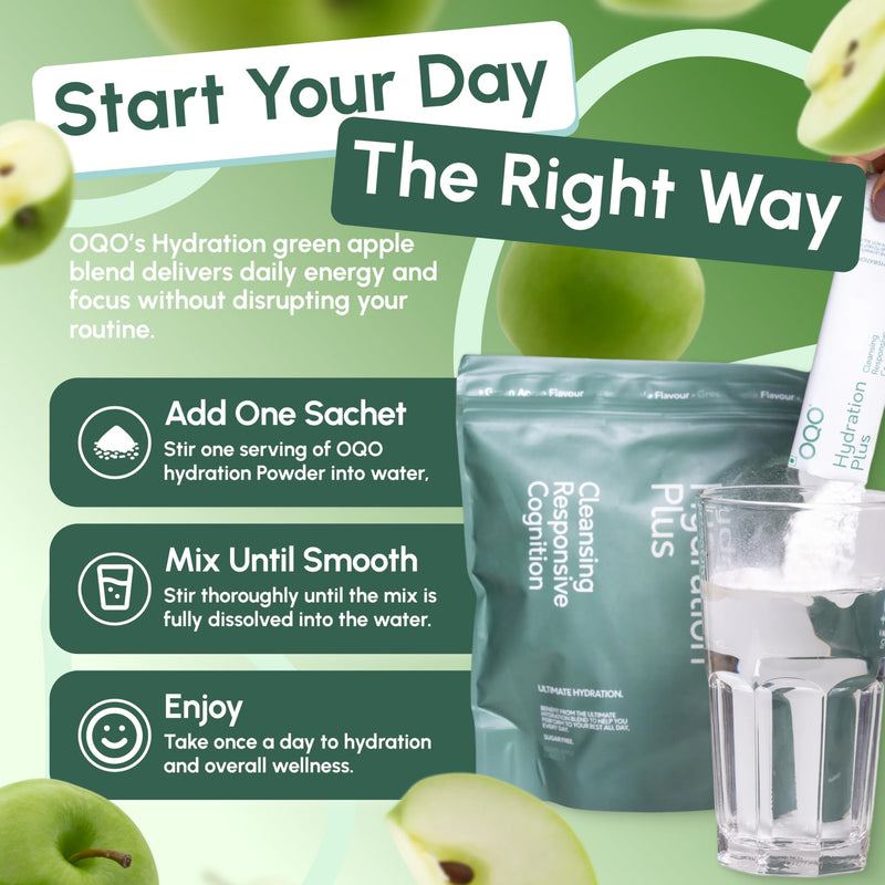 OQO® Hydration Electrolytes Sachets | Hydration Powder Packed with Vitamins B6 & B12, Sodium, Potassium, Magnesium & BCAAs - Zero Sugar Hydration Sachets | 12x Electrolyte Sachets | Green Apple 12pk (Green Apple)
