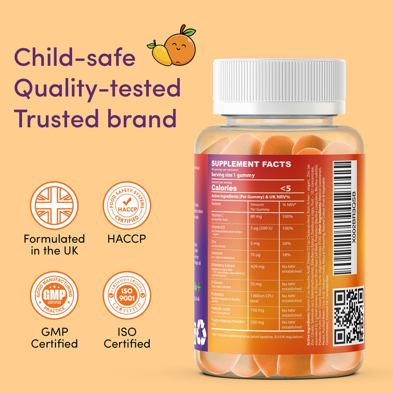 Kids 9-in-1 Immunity Gummies | Pre & Probiotics | 2-Month Supply | Ages 5–12 | Sugar-Free Vegan | Vitamin C, D3, Zinc, Elderberry | GummyUp+