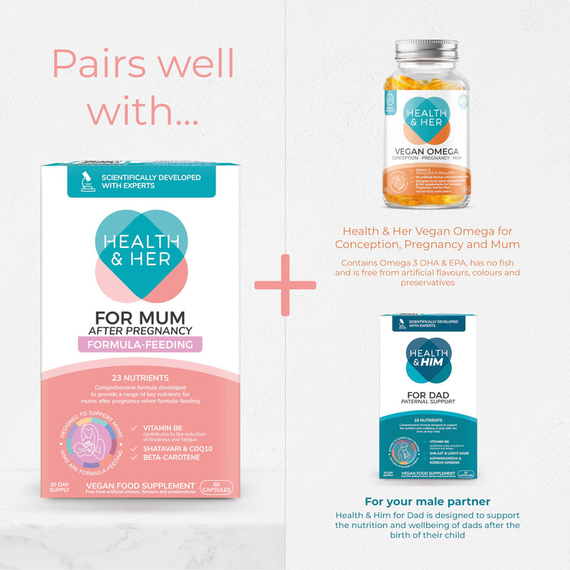 Health & Her for Mum After Pregnancy Formula-Feeding Supplement - Postnatal Vitamins for Women - Contains Vitamin B6, Vitamin D, Shatavari & COQ10-1 Month Supply - 60 Capsules - Vegan & Gluten Free 60 count (Pack of 1)