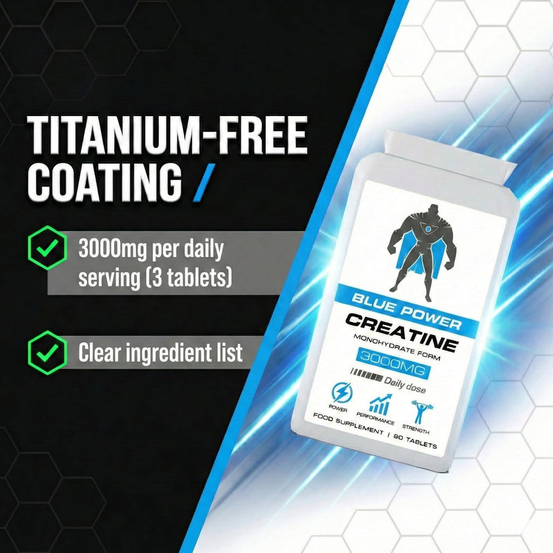 BLUE POWER Creatine Monohydrate Tablets 3000mg (3g) - 90 Tablets (30 Day Supply) - Small Scored Tablets, Titanium-Free Coating, Food Supplement