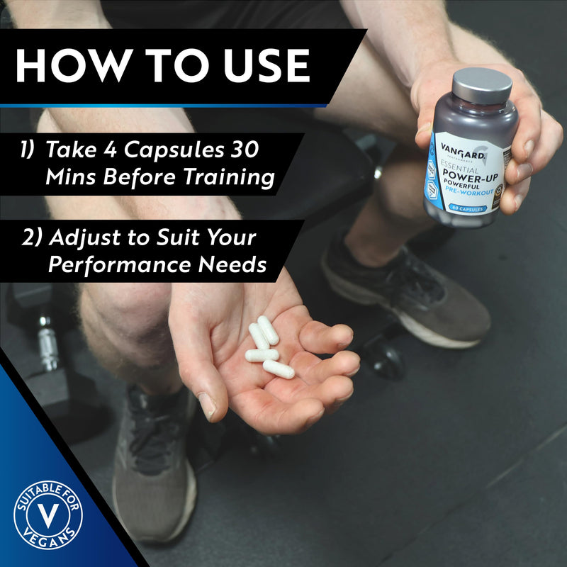 Vangard Essential Power Up Pre Workout Capsules - 15 Servings (60 Capsules), Made with Beta Alanine, Caffeine, Vitamin B3 and B5 to Improve Endurance Performance
