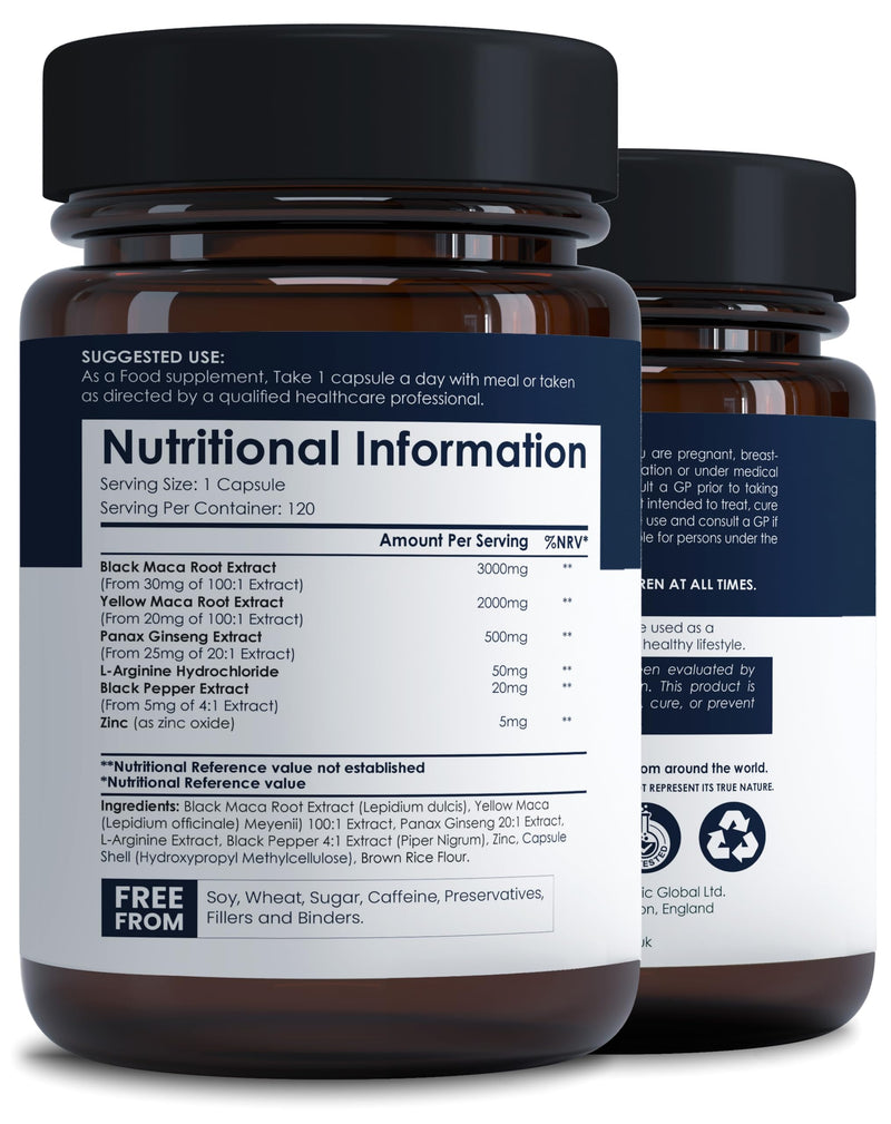 Maca Root Capsules (High Strength) 120 Vegan Black Maca Capsules with L Citrulline, Panax Ginseng, L Arginine Food Supplements Non-GMO, Gluten Free