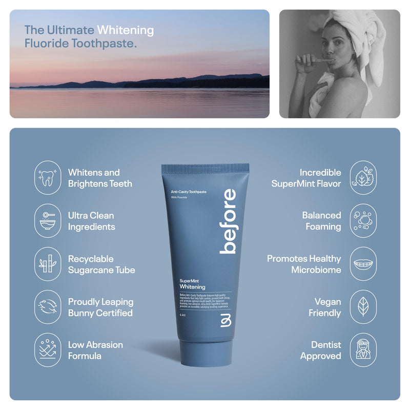 Before | Whitening Anti-Cavity Toothpaste | Vegan, Reduces Plaque for Gum Health, Balanced Foaming, Low Abrasion, Long Lasting Minty Fresh Breath, Plant-Based 3.5oz Tubes, Made in The USA — 2 Pack