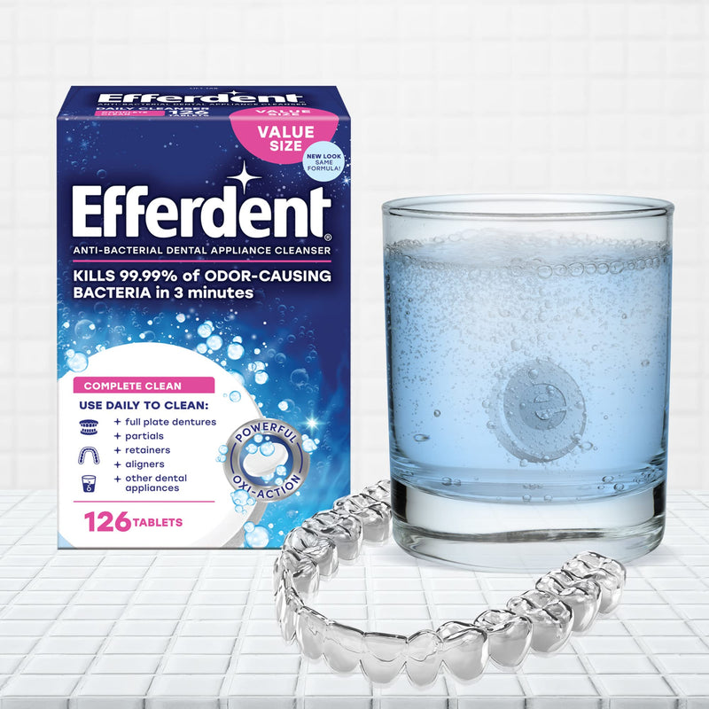 [Australia] - Complete Clean Denture Cleaning Tablets With Bamboo Brush - Specially Formulated Cleaner for Retainers, Aligners & Dental Appliances - Removes Dark Spots & Unpleasant Smells (126 Count) 