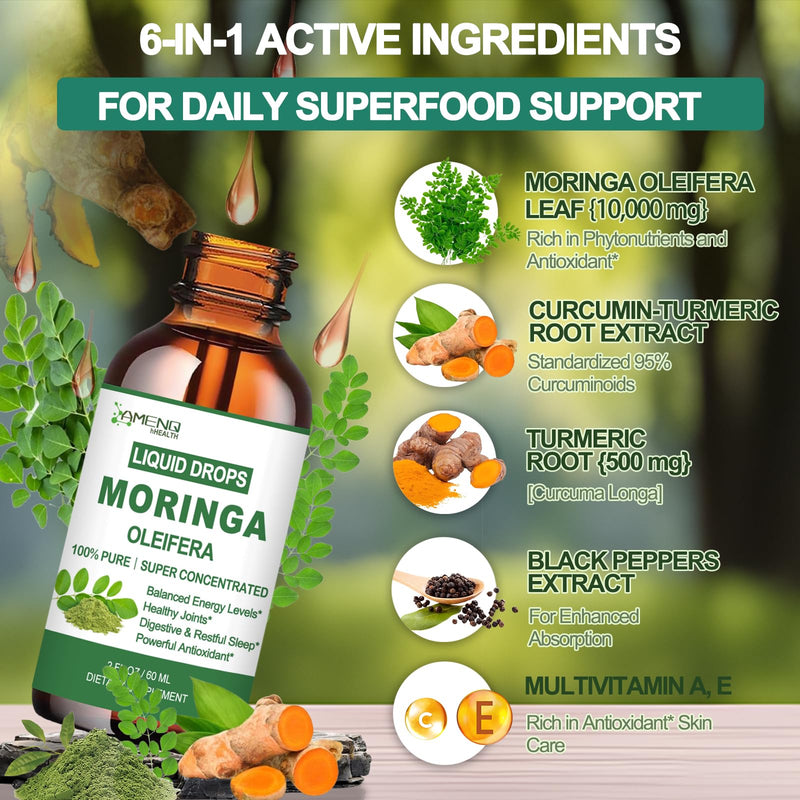 Moringa Supplement Liquid Drops for Women Men, Capsule & Powder Alternative | 1000mg Moringa + 500mg Turmeric 95% Curcuminoids w. Black Pepper for Energy, Immune, Skin, Joint & Gut Support, Vegan Non-GMO Lemon 2 Fl Oz (Pack of 1)