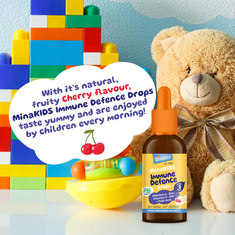 MinaKIDS Immune Defence Drops - Yummy Cherry Flavoured Liquid Supplement for Babies and Children with Elderberry, Zinc, Vitamin C & B12 and Folic Acid, Sugar-Free, Vegan, 60ml