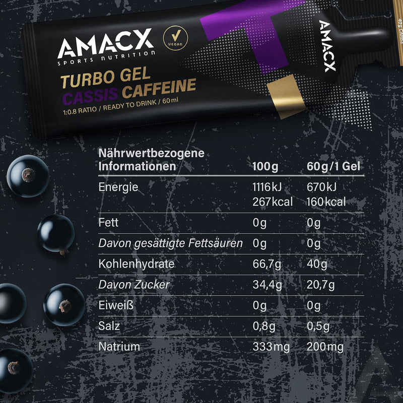 AMACX Turbo Energy Gel for Endurance Athletes with Caffeine, 12 x 60 ml, 200 mg Sodium, 40 g Carbs, Quick-Absorbing Sports Gels (Cassis Caffeine) Cassis Caffeine