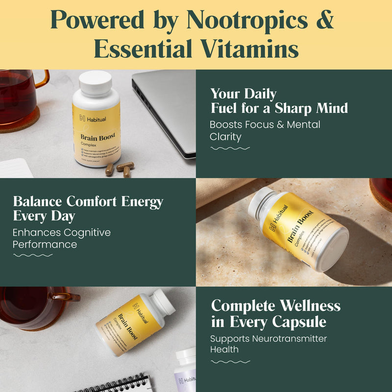 Habitual Brain Boost Complex | Nootropic Supplement with Ashwagandha, Ginkgo Biloba & Vegan Omega-3 | Focus, Memory & Mood Support | 7 B Vitamins, Zinc & Vitamin D | Vegan & Gluten-Free Capsules