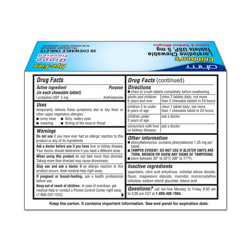 [Australia] - Ohm Children's Loratadine Allergy Chewable Tablets - Dye Free, Grape Flavor, Non-Drowsy 24 Hour Relief, Antihistamine for Indoor & Outdoor Allergies - 30 Tablets 30 Count 