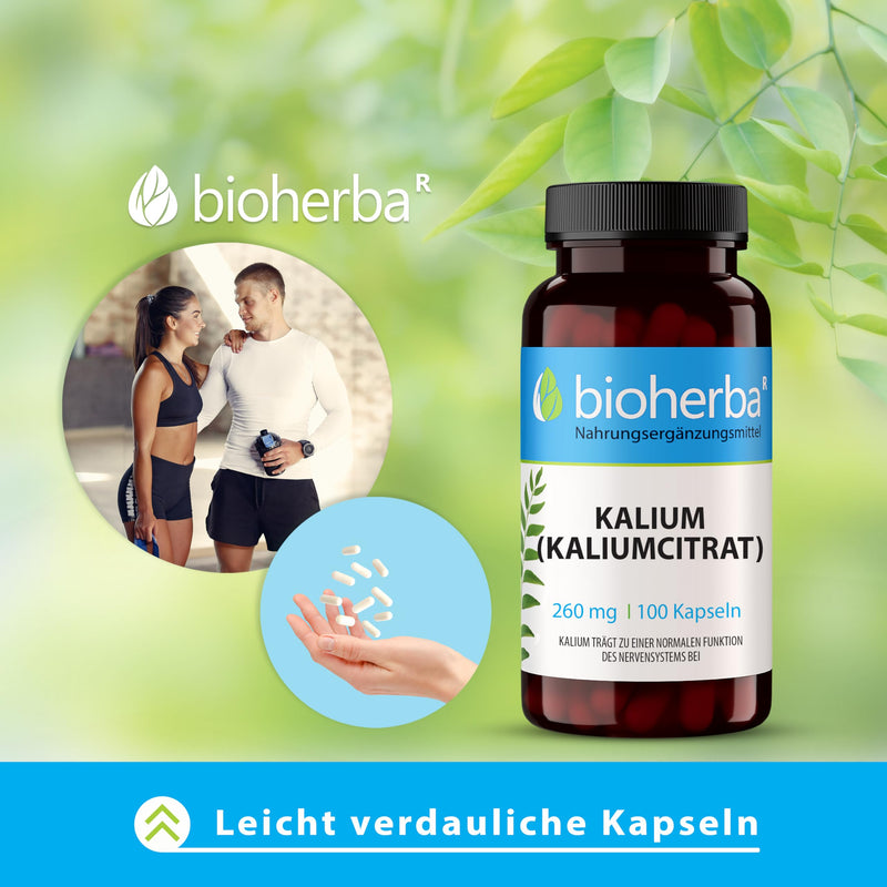[Australia] - High-dose potassium - 260 mg potassium citrate per capsule, 100 capsules from BIOHERBA for optimal electrolyte balance and natural vitality 