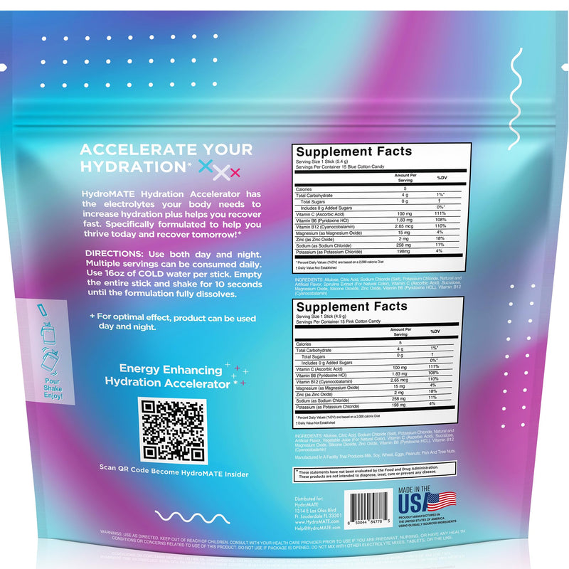 HydroMATE Cotton Candy Sugar Free Electrolyte Powder Packets, 30 Count | No Caffeine, Drink Mix, Water Enhancer, Magnesium, Potassium & Vitamin C, Keto-Friendly, Zero Calorie, Stock-Up Size 30 Count (Pack of 1)
